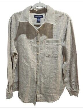 Preston & York Womens Beige  100% Linen Shirt Sz 12 Button Up Sheer Trim Pocket